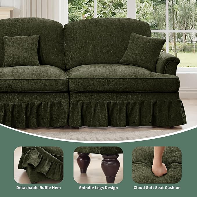 Rovibek 107” U Shaped Couch, Chenille Midcentury Modern Sofa with Detachable Ruffle Hem, Sectional Couches for Living Room with Throw Pillows & 2 Ottoman, Green