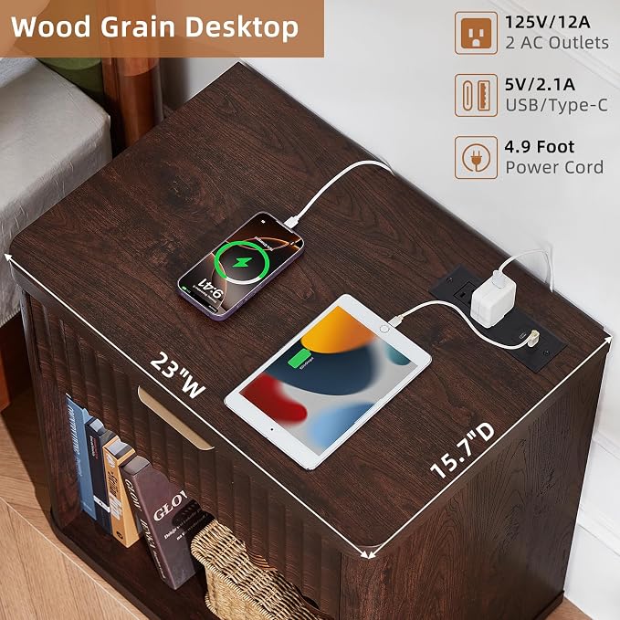 LEYAOYAO Fluted Farmhouse Nightstand Set of 2 with Charging Station, 23" Wide 1 Drawers Night Stand,Walnut Dresser for Bedroom,Bed Side Table Chest of Drawers,Wood End Table for Living Room - Image 6