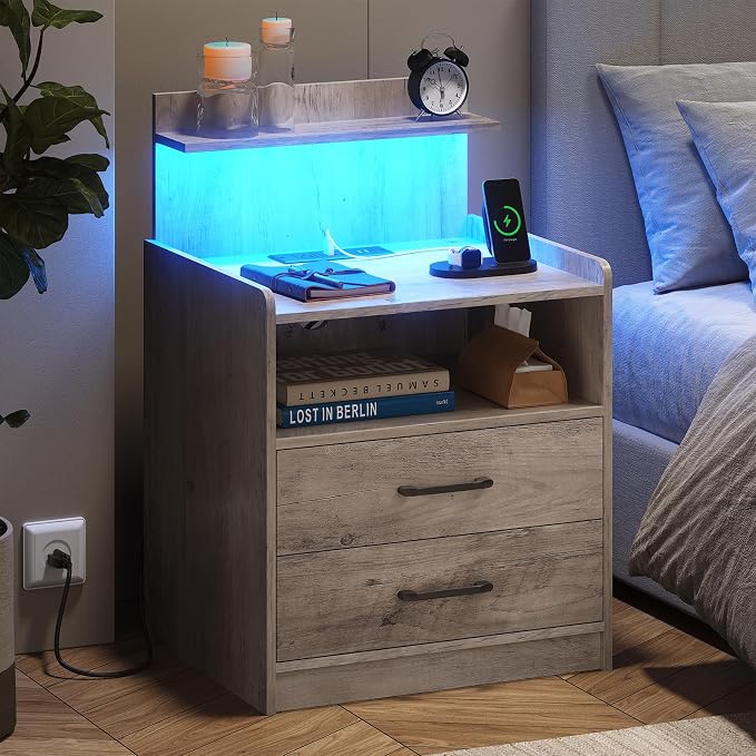 LED Nightstand with Charging Station, Night Stand with 2 Drawers and Open Storage, Bedside Table with LED Lights, Modern End Table with USB Ports Outlets, Grey - Image 7