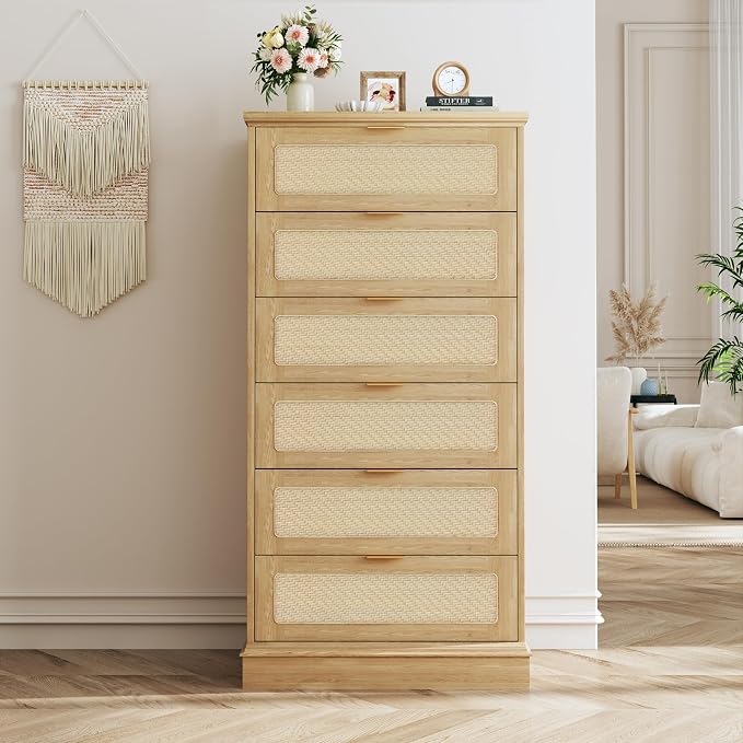 HUAHUU 6 Drawer Dresser for Bedroom, 50 Inch Tall Dressers & Rattan Chest of Drawers, Boho Style, Wood Modern Dressers Organizer for Bedroom, Living Room, Hallway, Entryway, Oak - Image 6