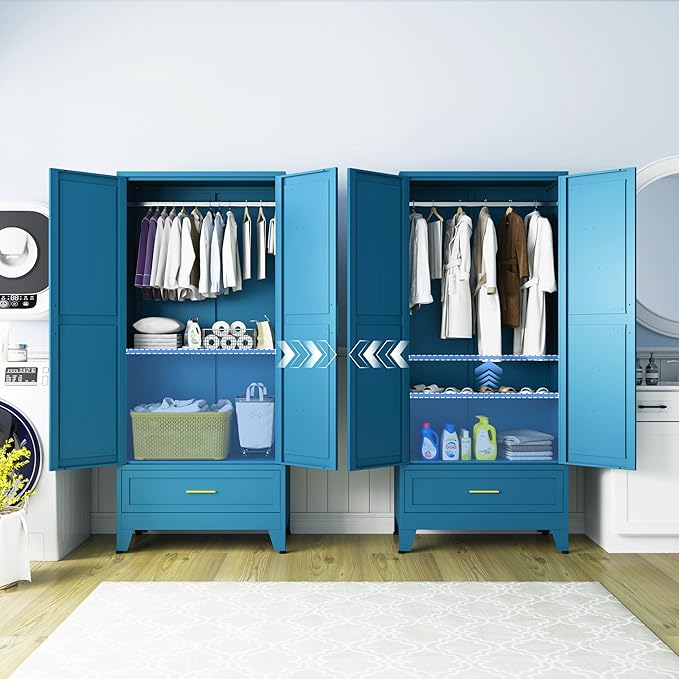Metal Armoire Wardrobe Closet with Drawers, 71" Wardrobe Cabinet with Adjustable Shelves and Hanging Rod for Bedroom, Blue Metal Closet Storage Cabinet with 2 Doors & 1 Drawer