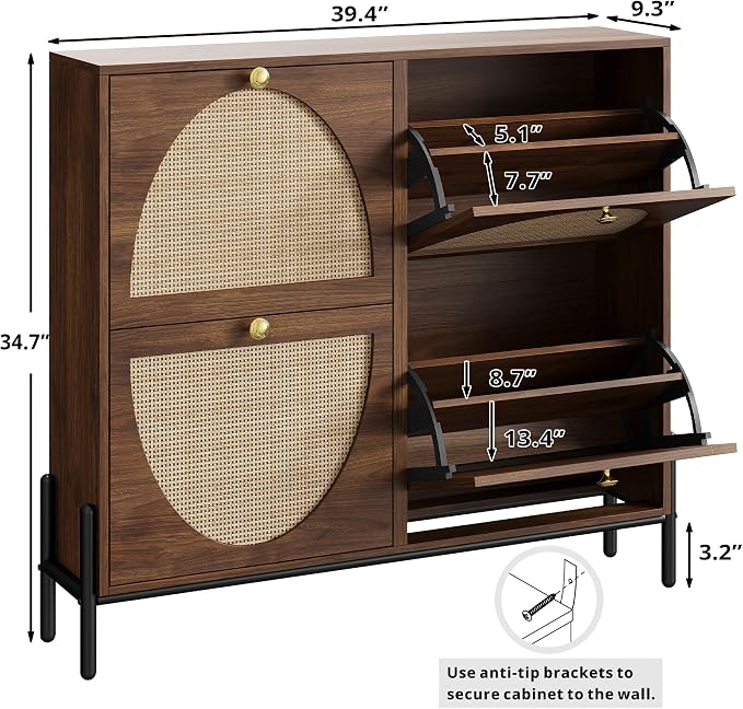 IRONCK Rattan Shoe Cabinet Storage with 4 Flip Drawers, Freestanding Shoe Storage Organizer Cabinet for Entryway, Narrow Shoe Rack Cabinet, Walnut - Image 3