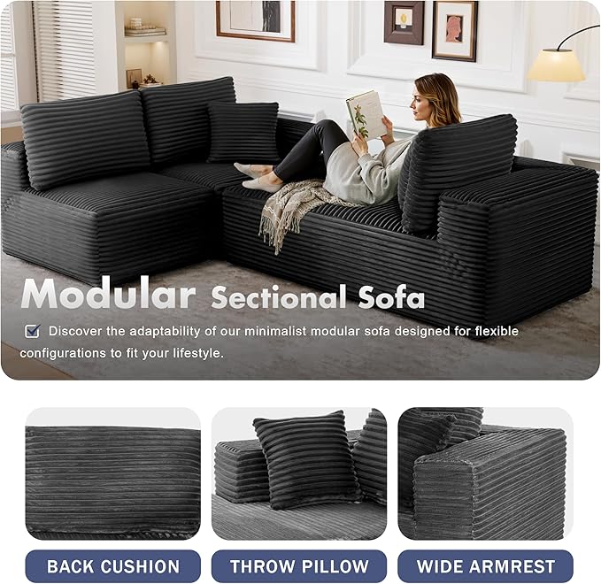 104" Modular Sectional Sofa with L-Shape Chaise, Modern Upholstered Cloud Couches for Living Room Bedroom, No Assembly Required, Dark Grey