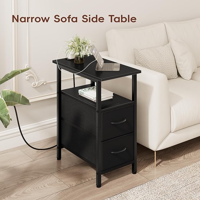 Vagusicc End Table with Charging Station Set of 2, Narrow Side Table, 23.8'' Tall Nightstand with 2 Drawers, Small Sofa Side Table Narrow Nightstand for Small Spaces, Living Room, Bedroom, Black - Image 6