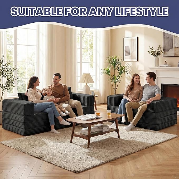 Convertible Sofa Bed Couch, 78’’ Oversized 4-in-1 Boneless Couches with Removable Armrests Backrest, Corduroy Futon Sofa Bed, Foldable Mattress Sleeper Sofa for Living Room Bedroom (Black)