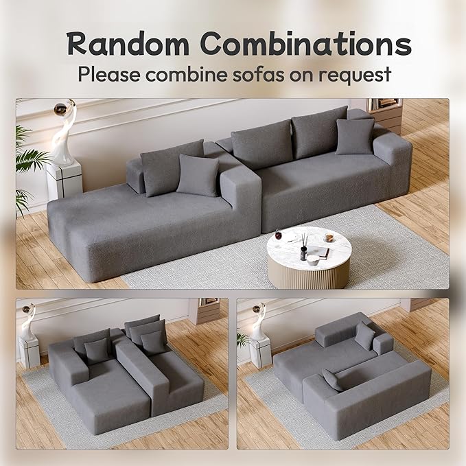 104” Sectional Cloud Couch, L-Shape Compressed Sofa with Right Chaise Lounge, Modular Cloud Couch with 2 Pillows & Deep Seat, Rain Drop Velvet Floor Sofa for Living Room, Light Gray