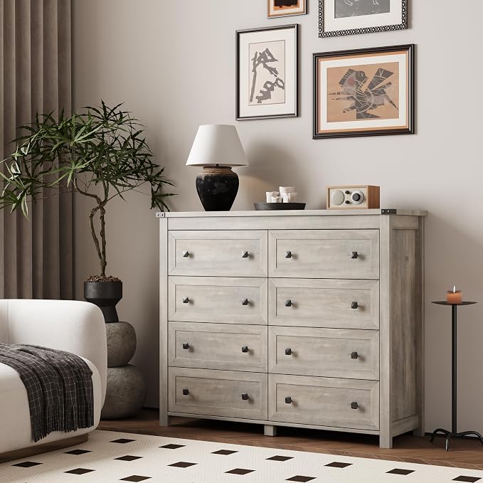 Dresser for Bedroom with 8 Drawers, Farmhouse Wood Chest of Drawers, Wide TV Stand Closet Storage Furniture with Metal Handle, Modern Clothes Organizer for Hallway, Living Room, Entryway, Light Grey - Image 2
