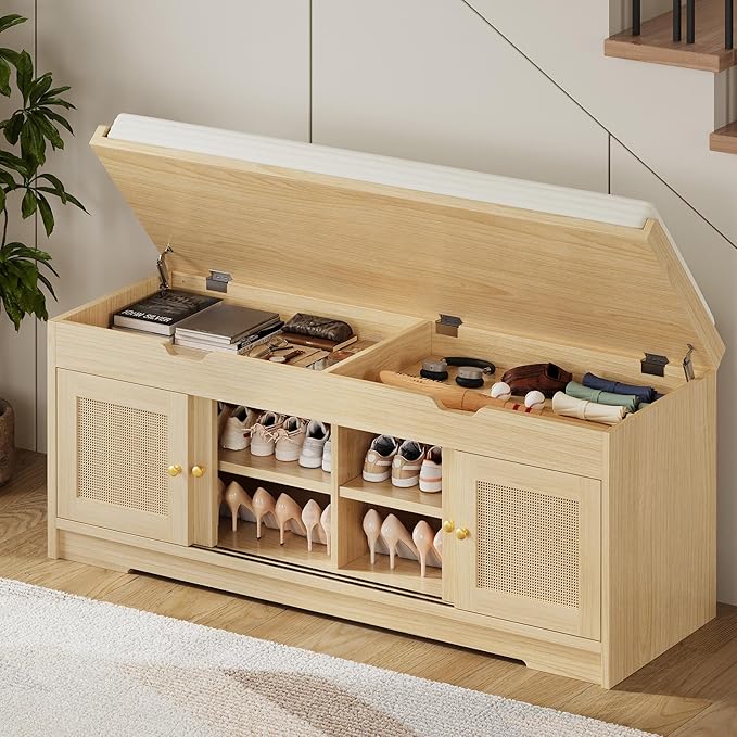 LIKIMIO 47.2" Shoe Bench with Lift Top Storage, Entryway Bench with Cushioned Seat, 2-Tier Rattan Shoe Cabinet with Adjustable Shelf, Storage Bench for Bedroom, Living Room, Hallway, Natural by LIKIMIO