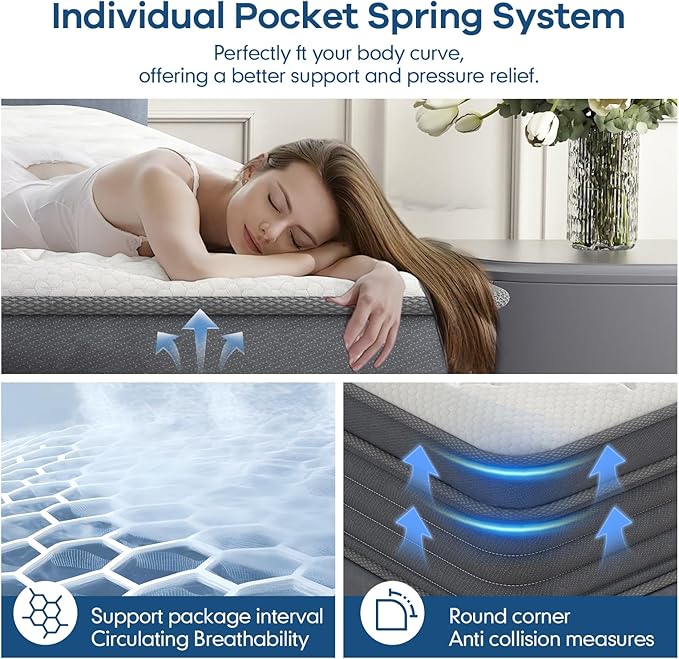 14 inch King Size Mattress,Hibrid Memory Foam Mattress in A Box, Independent Pocketed Spring for Pressure Relief, Motion Isolation for Deep Sleep,Skin-Friendly and Breathable Cotton