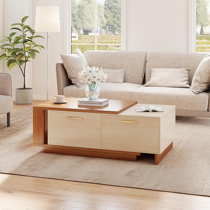 42"- 65" Extendable Coffee Table with Storage, Reversible Wood Coffee Table with 2 Drawers, Two-Tone Large Adjustable Center Table for Living Room, Office (Walnut B)
