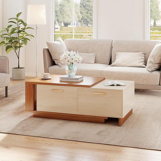 42"- 65" Extendable Coffee Table with Storage, Reversible Wood Coffee Table with 2 Drawers, Two-Tone Large Adjustable Center Table for Living Room, Office (Walnut B)