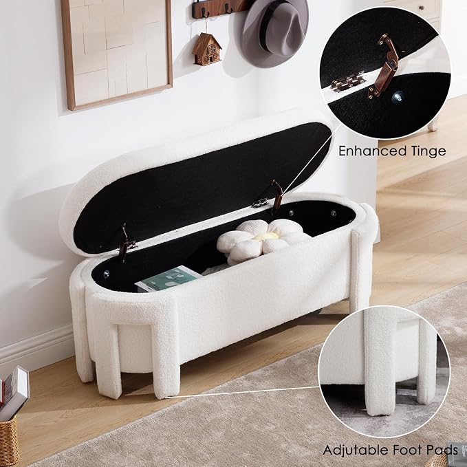 50" Ottoman Storage Bench, Modern End of Bed Bench with Upholstered Seating, Comfy Cute Oval Entryway Bench for Living Room/Bedroom/Entrance/Hallway, Sherpa White - Image 5