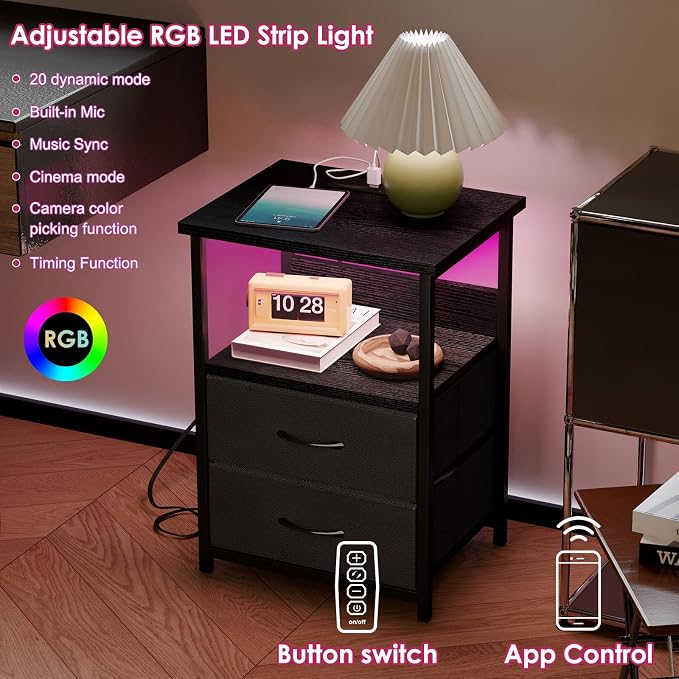 Fixwal Nightstand Set of 2 Night Stand with Charging Station, LED Nightstand with Fabric Drawers, End Table with PU Finish, Bed Side Table, Black - Image 4