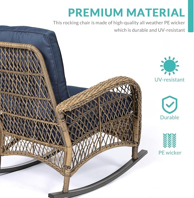 MEETWARM 4 Piece Outdoor Wicker Patio Set w/Glider Loveseat, 2 Chairs & Glass-Top Coffee Table, Thickened Cushions, Navy Blue