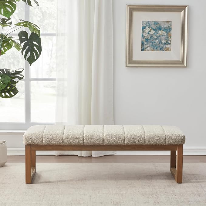 Zihanhome 52.7" Bedroom Bench for End of Bed, Modern Upholstered Teddy Fabric Entryway Bench & Dining Bench, Footrest Stool Bench with Solid Wood Frame for Bedroom, Living Room (Camel) - Image 8