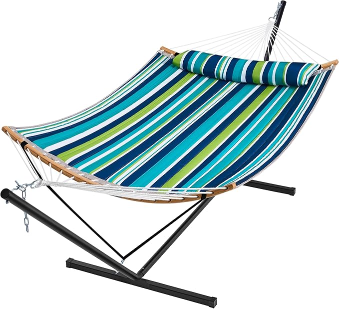 SUPERJARE Hammock with Stand, 2 Person Heavy Duty Hammock with Padded Cotton, Detachable Pillow & Strong Curved-Bar & Portable Carrying Bag, Perfect for Outdoor & Indoor - Dark Cyan by SUPERJARE