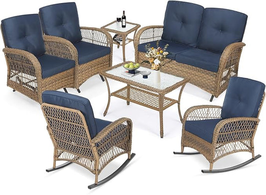 MEETWARM 7 Pieces Outdoor Wicker Patio Conversation Sets with Glider Loveseat, 4 Chairs with 2 Glass-Top Coffee Table Wicker Rocking Glider Set, Wicker Conversation Set w/Thickened Cushions, Navy Blue