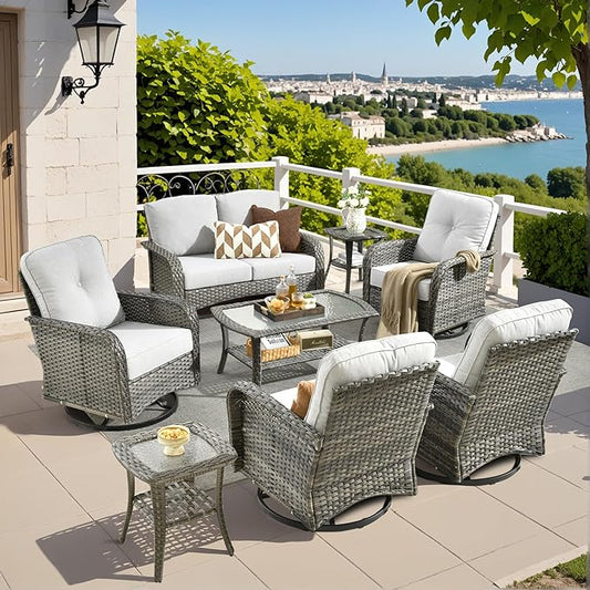 8 Pieces Outdoor Patio Furniture Sets, High Back Swivel Rocker Chairs Loveseat Sofa Coffee Table, All Weather Wicker Conversation Set for Deck Backyard Porch Poolside, Light Gray