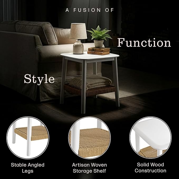 Alaterre Furniture Calais 2-Tier Small End Table with Woven Storage Shelf – Set of 2 Mid Century Modern Wooden Nightstand or Side Table for Small Spaces, Living Room & Bedroom (White) - Image 5