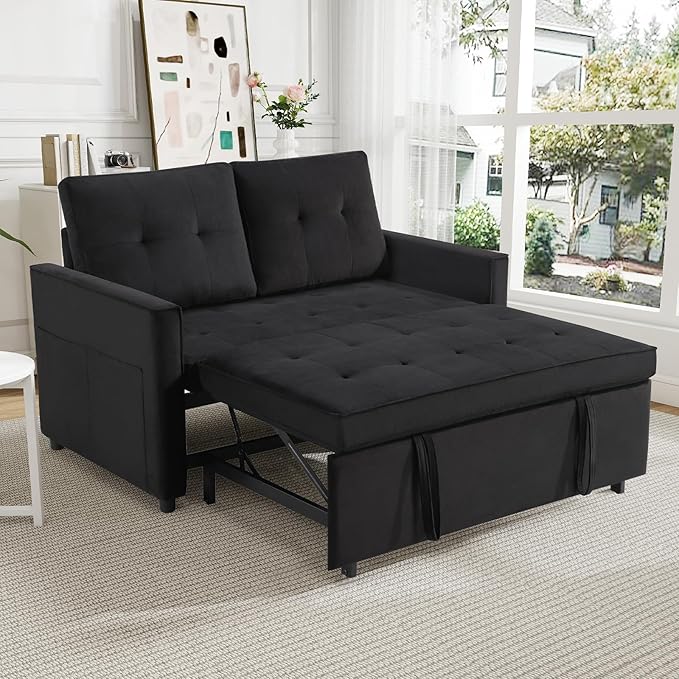 Rovibek 3-in-1 Velvet Sleeper Sofa Bed, Convertible Pull Out Couch for Living Room with Adjustable Backrest, Side Pockets, Velvet Fabric Loveseat Sofa for Apartment, Black