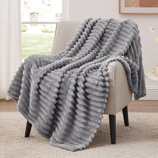 EXQ Home Fleece Throw Blanket for Couch or Bed - 3D Stripe Jacquard Decorative Blankets - Cozy Soft Lightweight Fuzzy Flannel Blanket Suitable for All Seasons(50"??60",Light Grey)