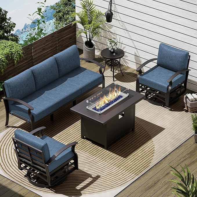Patio Furniture Set 5-Piece Aluminum Armrest Sofa, Modern Outdoor Living Room Set with 55000 BTU Propane Aluminum Fireplace, Outdoor Rotary Joystick with Thick Cushion