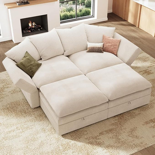 HONBAY Modular Sectional Sleeper Sofa, Corduroy 4 Seater Couch with Storage, Sectional Sleeper Couches for Living Room, Beige
