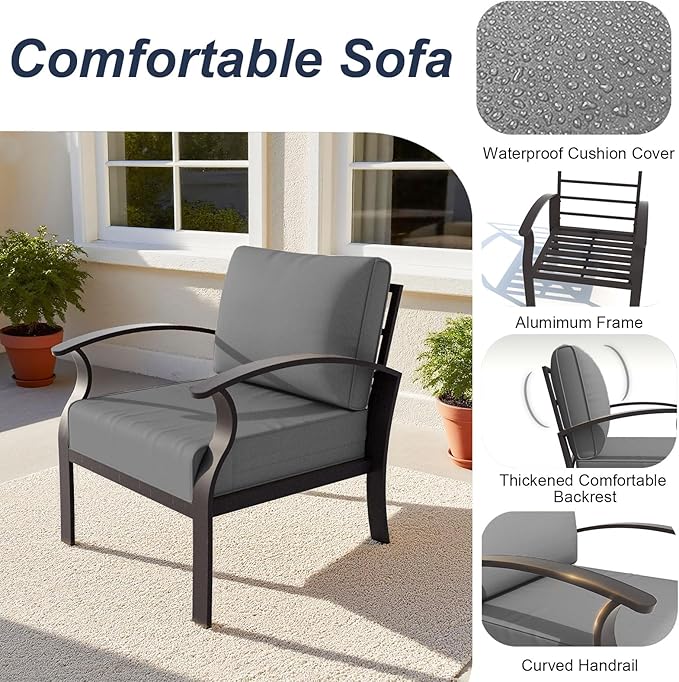 ALAULM Aluminum Patio Furniture Set with Propane Fire Pit Table 8-seat Metal Outdoor Furniture w/Fire Pit Patio Conversation Set w/5.1" Cushions for Patio, Backyard, Poolside-Grey