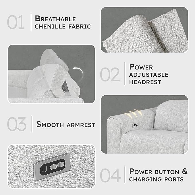 Lexicon Power Reclining Sectional Couches for Living Room-Modular Sectional Sofa, Wall Hugger, 3 Recliner Seats, Power Headrests, Charging Ports, 5 Seater Couch, Chenille Cloud
