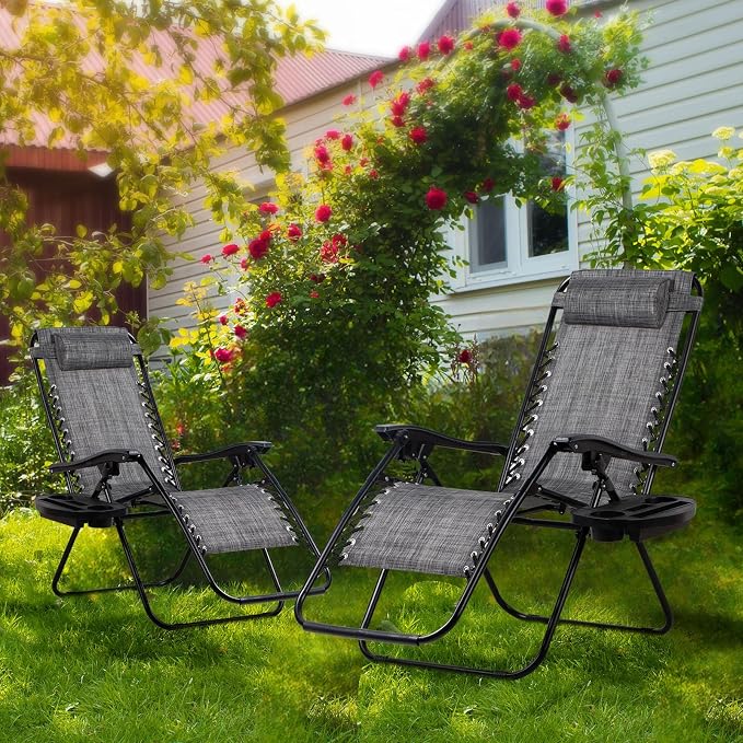 Nazhura Set of 2 Relaxing Recliners Patio Chairs Adjustable Steel Mesh Zero Gravity Lounge Chair Beach Chairs with Pillow and Cup Holder(Grey) - Image 9