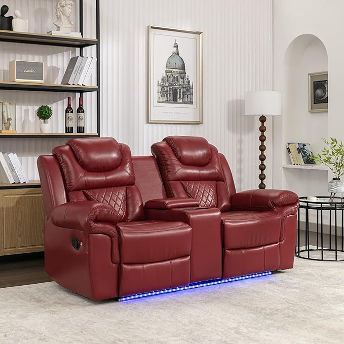ERYE 73-Inch Oversized Manual Reclining Sofa with LED Strip and Cupholders for Living Room Home Theater, Multifunctional Faux Leather Loveseat Manual Recliner Couches | Storage Console