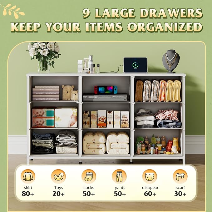 WLIVE 47''W Dresser for Bedroom, White Dresser TV Stand for 45, 50, 55 inch TV, Wide Chest of Drawers with 9 Drawer, Large Entertainment Center, Fabric Dressers with Wood Top for Closet, Living Room - Image 5