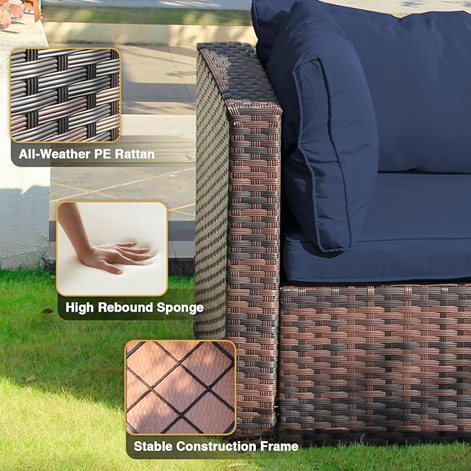 14 Piece Patio Furniture Set with Fire Pit Table All Weather PE Rattan Outdoor Sectional Sofa Couch with No-Slip Cushions and Glass Top Table for Garden, Poolside, Backyard (Blue)