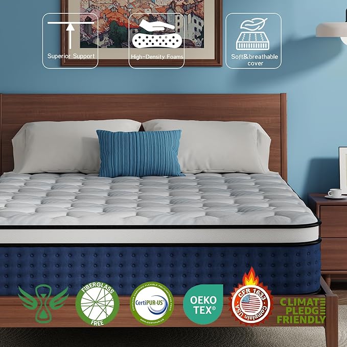 Twin Mattress 12 Inch,Medium Firm Twin Mattress in A Box, Memory Foam Mattress with Pocket Springs for Back Support, CertiPUR-US&Oeko-TEX Certified, Fiberglass Free, No Odor,365-Night Trial