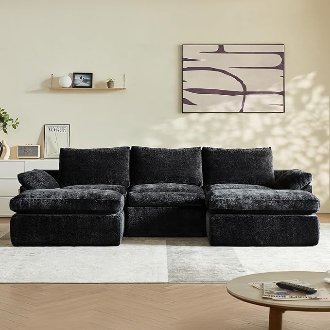 Vamcheer U Shaped Cloud Couch - Utra Soft Modular Sectional Sofa with 2 Movable Ottoman, Deep Seat Boneless Couches for Living Room, Bedroom, Office, No Assembly Required, Black