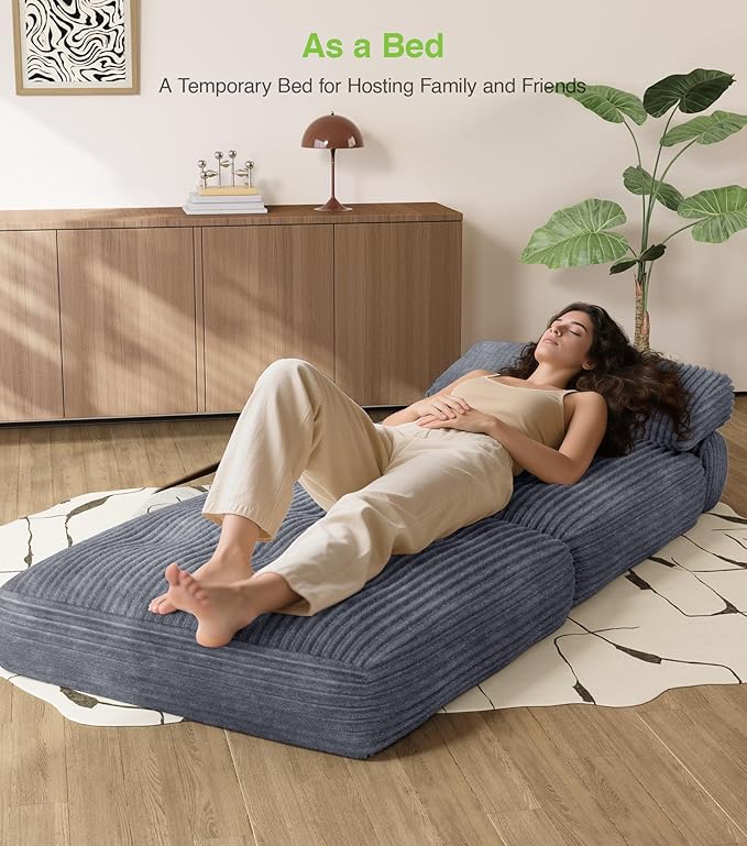 Plush Corduroy Folding Sofa Bed, Free Setup Floor Beds, 34" Boneless Couch for Small Spaces, Corner Chair, Convertible Sleeper Chair, Corner Couch, Foldable Sleeper Sofa Beds, Grey