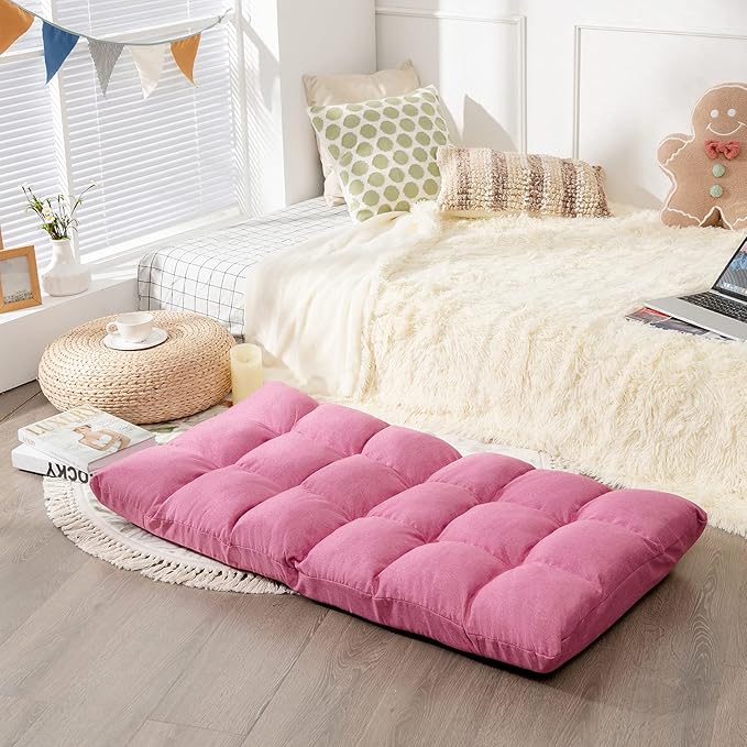 Giantex Adjustable Floor Gaming Sofa Chair 14-Position Cushioned Folding Lazy Recliner High Resilience Sponge, Breathable Cotton & Linen Fabric Sleeper Bed Couch Recliner with Removable Cover (Pink)