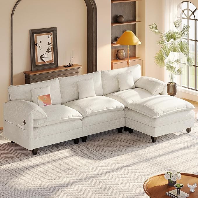 Modular Sectional Sofa, 108” Comfy Cloud Couch with Movable Ottoman | Charging Station | Side Pocket | Throw Pillow, Modern L-Shaped Couches for Living Room, Chenille, White