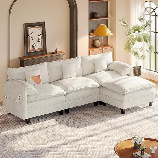Modular Sectional Sofa, 108” Comfy Cloud Couch with Movable Ottoman | Charging Station | Side Pocket | Throw Pillow, Modern L-Shaped Couches for Living Room, Chenille, White
