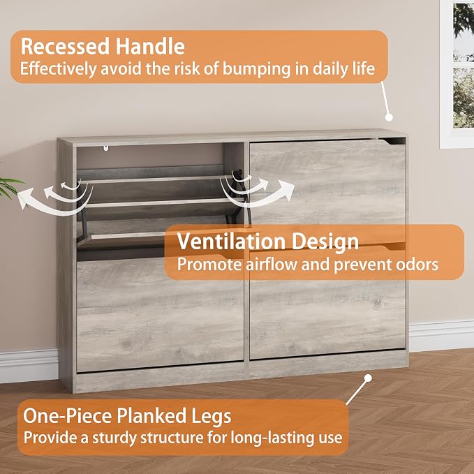 Shoe Storage Cabinet, Wood Shoe Organizer for Entryway with 4 Flip Drawers, Freestanding Shoe Rack with Adjustable Shelf, Narrow Shoe Dresser for Front Door Entrance(Grey, 47.24" x 32.28" x 9.44") - Image 6