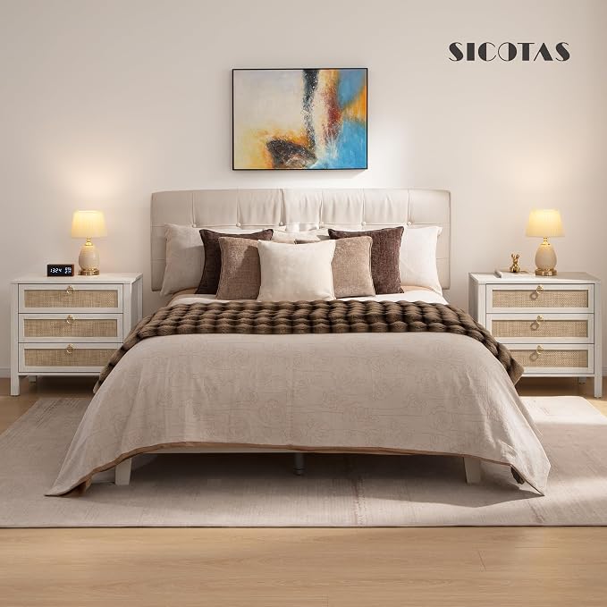 SICOTAS Nightstand Set of 2 with Drawers, Rattan Nightstands, Large Modern Boho Night Stand Wide Bedside Tables for Bedroom - Image 4