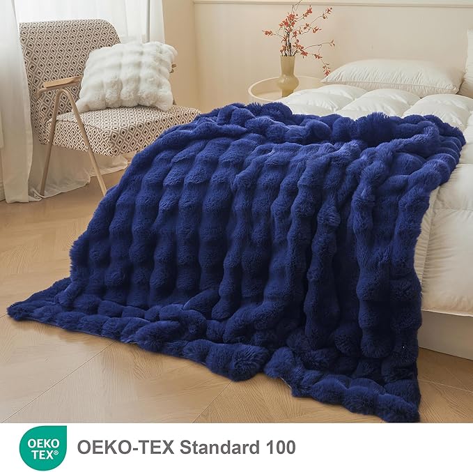 LIFEREVO Fluffy Faux Rabbit Fur Bubble Blanket, Plush Shaggy Throw for Couch Sofa, Cozy Comfy Furry Bed Blanket Adults Kids Teens Girls, Royal Blue Fuzzy Throw for Bedroom Living Room 60x90, Navy Blue