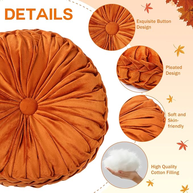 Beeveer 2 Pcs Round Throw Pillows 15 Inch Decorative Velvet Pleated Pumpkin Pillows Boho Floor Pillow with Center Button for Living Room Couch Chair Bed Sofa Home Decoration (Orange)