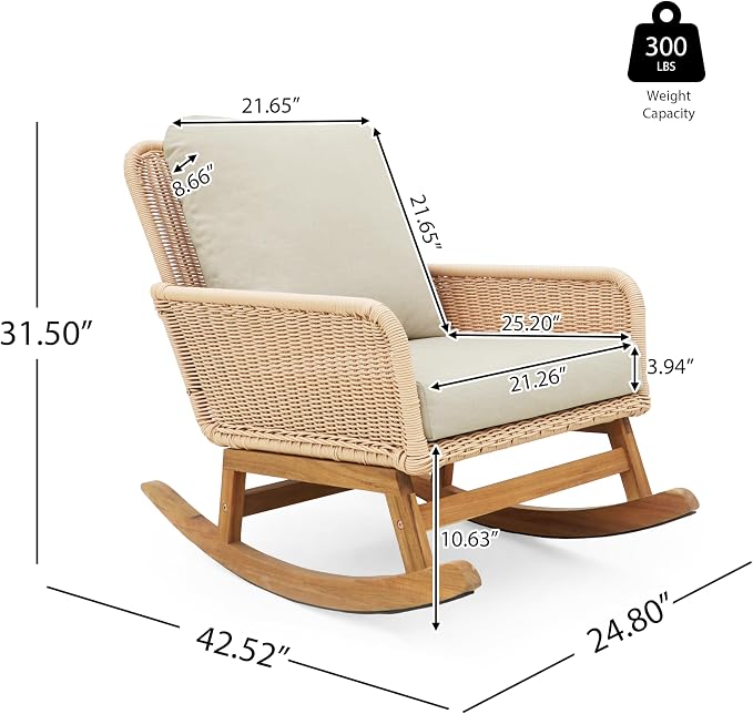 Christopher Knight Home Nadine Patio Rocking Chair, Wicker Rocker, Wood Leg Rocking Chair, PE Rattan Wicker Chair, Rocking Chair with Cushions, Comfort Wicker Rocker for Backyard Balcony Porch, Beige - Image 2