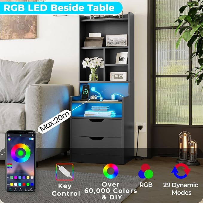 ADORNEVE Charging Nightstand Set of 2 with LED Lights,Tall Night Stand with Bookshelf,Bedside Table with Drawers,Black Side Tables Bedroom - Image 3