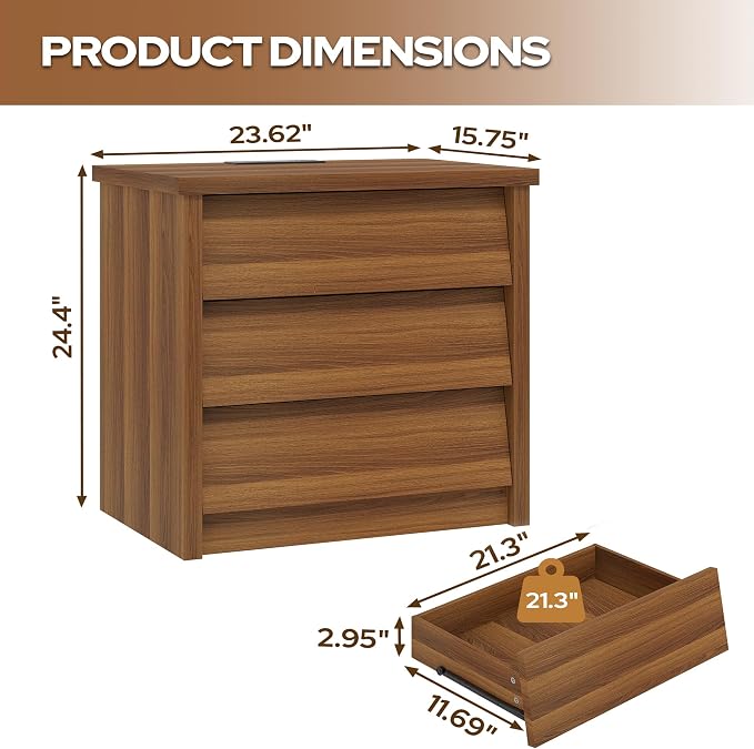 23" Wide Nightstand Set of 2 with Charger Station, Modern Night Stand with 3 Drawers, Wood End Table with USB Ports and Outlets, Storage Bedsides Table for Bedroom, Hallway (Walnut) - Image 3
