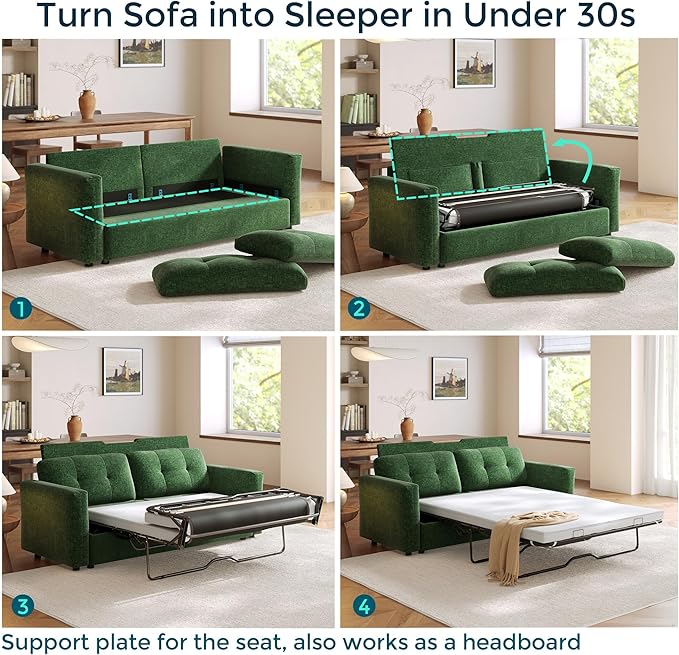 118" Oversized Sectional Sleeper Sofa with Pull Out Bed and Storage Chaise, Convertible Sofa Bed with Memory Foam Topper, Comfy L Shaped Modular Couches for Living Room Apartment Dorm Room, Green