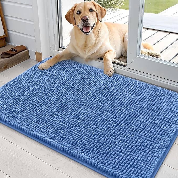 OLANLY Dog Door Mat for Muddy Paws 36x24, Absorbs Moisture and Dirt, Absorbent Non-Slip Washable Doormat, Quick Dry Chenille Mud Mat, Entry Indoor Entryway Carpet for Inside Floor, Cornflower Blue by OLANLY
