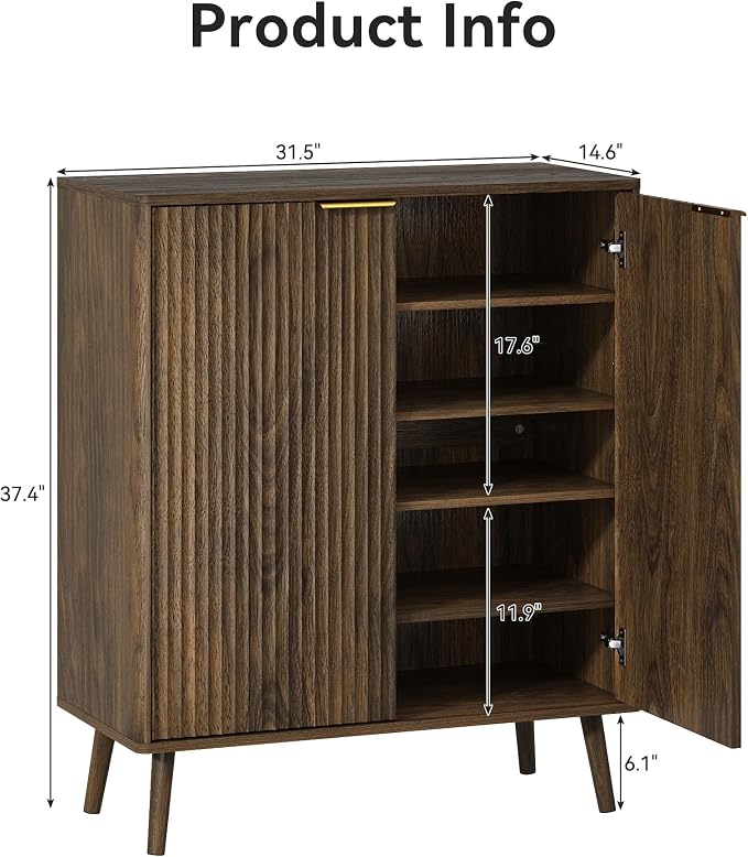 Fluted Shoe Cabinet with Doors Set of 2, 5-Tier Shoe Storage Cabinet with Adjustable Shelves, Wooden Freestanding Shoe Organizer Shoe Cabinet for Entryway,Hallway,Living Room, Walnut - Image 2