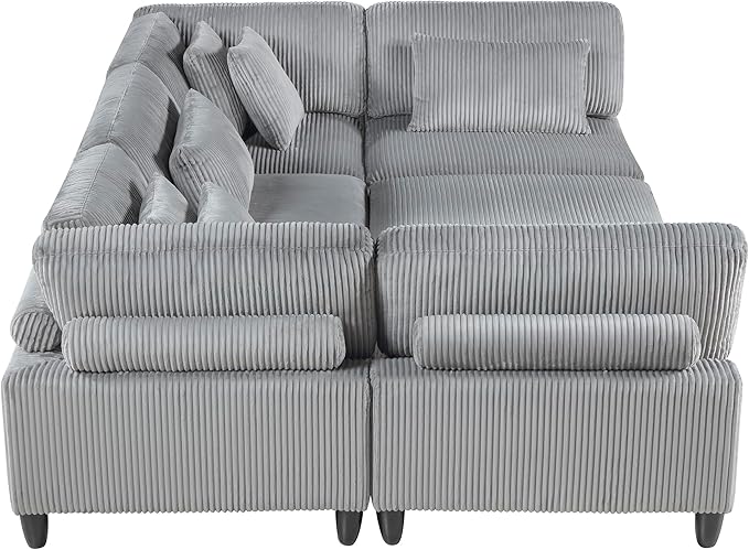 Lexicon 120 Inch Modular Sectional Sofa - Oversized 6 Seater Corduroy L Shaped Sectional Couch with Ottoman, 7 Accent Pillows, and Flexible Arrangement for Modern Living Rooms, Gray